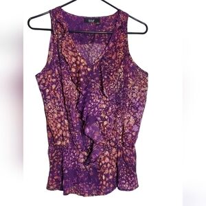 ANA Ruffle Front Top Purple Sleeveless Waterfall Semi Sheer Size Small